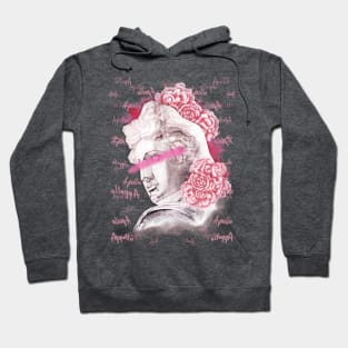 Apollo head statue with a pink peony flowers and buds on a black background. Hoodie